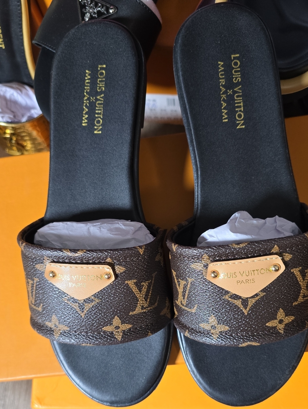 Louis Vuitton Brown Monogram Slide Sandals with Gold Plaques